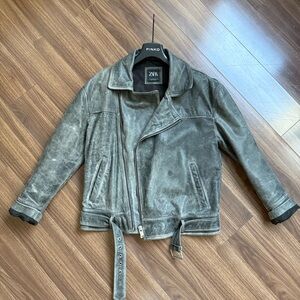 Zara Distressed Gray Leather Jacket
